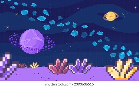 Space game. Vector illustration. The arcade-style gameplay in space game evokes sense nostalgia and excitement The pixel art graphics give game unique and visually appealing retro look The videogame