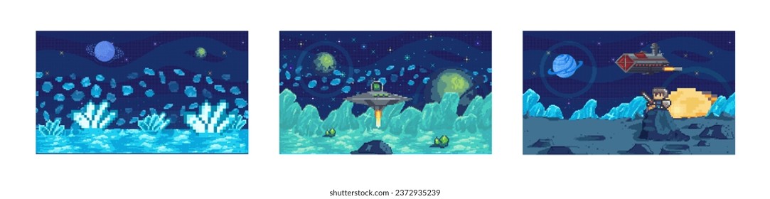 Space game. Vector illustration. The boundless expanse space in game invites exploration and discovery The futuristic visuals and retro aesthetics create captivating space game experience