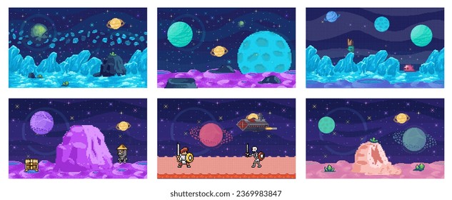 Juego espacial. Ilustración vectorial. El escenario cósmico en el juego sumerge a los jugadores en un universo amplio e inspirador en el asombro. La estrella de Piloto a través de galaxias pixeladas es la aventura final del juego espacial. El espacio