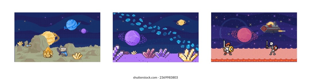 Space game. Vector illustration. Each bit progress in game brings you closer to unlocking new cosmic realms The 8-bit graphics and arcade-style gameplay give space game nostalgic charm The pixel art