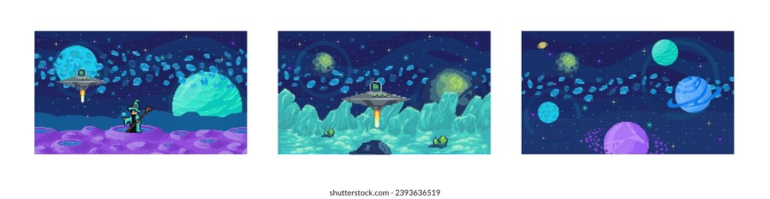 Space game. Vector illustration. Navigating pixelated planets and stars is key aspect space game experience Each bit information collected in game contributes to players progress The 8-bit space game