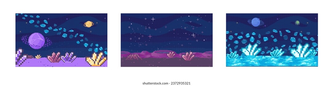 Juego espacial. Ilustración vectorial. Las imágenes de arte en píxeles dan al juego una estética única y encantadora El videojuego sumerge a los jugadores en el área de la galaxia llena de maravillas cósmicas Explorando la galaxia vastedad