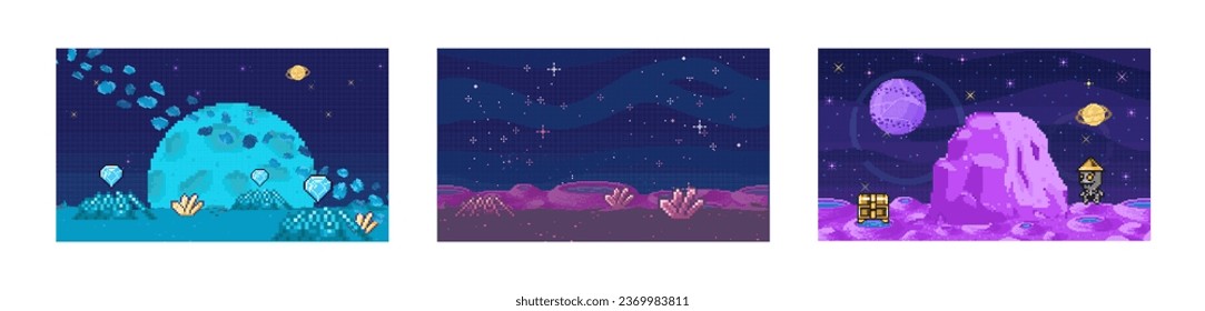 Juego espacial. Ilustración vectorial. La nave espacial pixelada te lleva en un viaje a través del sistema solar y más allá del cielo estrellado en el juego crea un telón de fondo fascinante para la exploración espacial