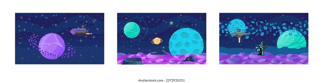 Juego espacial. Ilustración vectorial. El juego presenta exploración del espacio de visión futurista y aventuras intergalácticas Los asteroides pixelados plantean desafíos a medida que los jugadores navegan vasto sistema solar