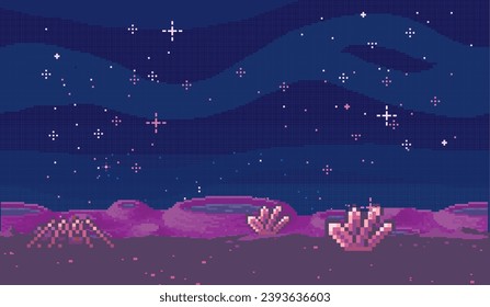 Juego espacial. Ilustración vectorial. El videojuego invita a los jugadores a embarcarse en un viaje pixelado a través de reinos cósmicos. Explorar el área de la galaxia en el juego se siente como aventurarse en un espacio de profundidades desconocido