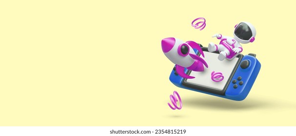 Juegos espaciales en la consola. Astronauta, cohete, gamepad realista. Gadgets por diversión. Concepto vectorial sobre fondo amarillo. Lugar para anuncios promocionales, precios, invitaciones