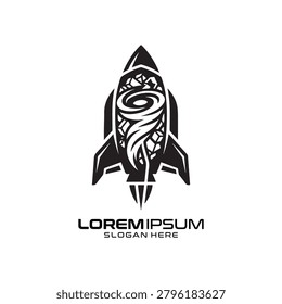 Space Garbage logo featuring an intricate negative space design where a tornado-like vortex is cleverly shaped into the body of a rocket ship, symbolizing the cleaning of orbital debris. This dynamic and conceptual black and white illustration is perfect for aerospace companies, space waste management startups, or environmental sustainability organizations.