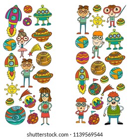 Space geek vector pattern. Kids, children students study astronomy and explore the cosmos. Nerd and spaceships, rocket, planets, castle. Very clever scientist people and cosmos
