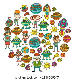 Space geek vector pattern. Kids, children students study astronomy and explore the cosmos. Nerd and spaceships, rocket, planets, castle. Very clever scientist people and cosmos