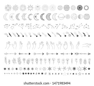 Space gigant bundle with sun, moon, crescent, shooting star, planet, comet, arrow, constellation, zodiac sign, hands. Hand drawn vector isolated illustration.