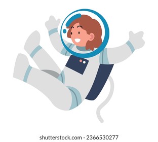 Space with Girl Astronaut Character in Spacesuit Floating Vector Illustration