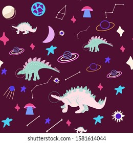 Space girl dinosaur seamless pattern on maroon. Cute wild monster endless design. Joyous reptile galaxy decor for textile, paper, web, kid clothing. Vector illustration in flat cartoon style.