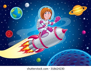 Chica Espacial En La Cima De Un Barco De Cohetes