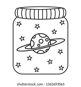 Space in a glass jar.Black and white doodle stars and planet.Magic vector illustration for posters,stickers,print on t-shirts,mug print,decoration for greeting cards,planners and more