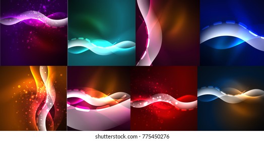 Space glowing waves, modern abstractions, collection of backgrounds. Vector illustration