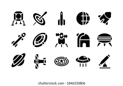 Space Glyph Icons Including Moon Lander, Black Hole, Rocket, Earth, Spacecraft, Rocket, Disc, Moon Lander, Observatory, Ufo, Saturn, Telescope, Solar System, Ufo, Telescope
