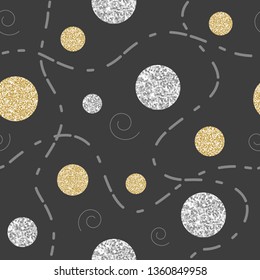 Space gold and silver glitter seamless pattern with planets, sun, moon on night sky background. Baby shower texture. Vector