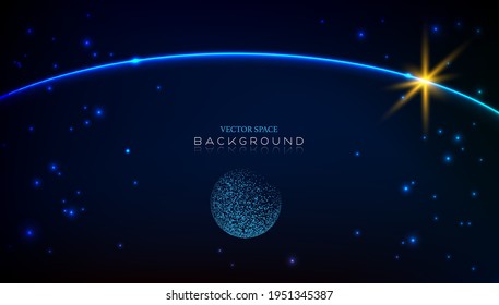 Space with golden light on the edge of the blue planet. Abstract vector technology background.