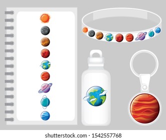 Space graphic design on different products illustration
