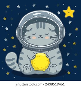 Space, gray lop-eared cat, holding the moon in his paws, vector illustration