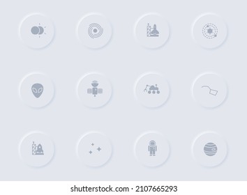 space gray vector icons on round rubber buttons. space icon set for web, mobile apps, ui design and promo business polygraphy