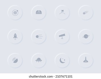 space gray vector icons on round rubber buttons. space icon set for web, mobile apps, ui design and promo business polygraphy