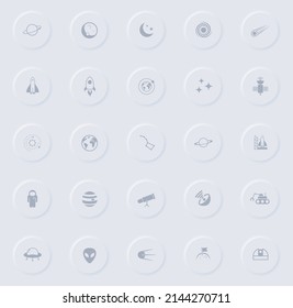 space gray vector icons on round rubber buttons. space icon set for web, mobile apps, ui design and promo business polygraphy