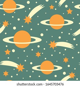 In the space - Green vector repeat pattern with yellow planets and comets.