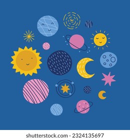 Space greeting card with sun, moon, stars, planet on blue background. Circle ornament. Perfect for kids holidays and decorations. Vector illustration