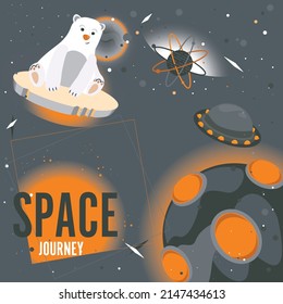 Space in grey, planets, stars, glow, ufo, polar bear, vector illustration. Space journey.