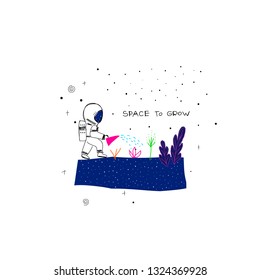 Space to grow card Universe Space travel Planet Star moon astronaut plants cosmos astronomy inspiration graphic typography element. Hand drawn postcard. Cute simple vector paper cutout collage style