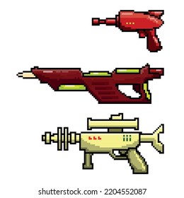 Space Gun. Blaster. Pixel Art Cartoon. Symbolsatz.