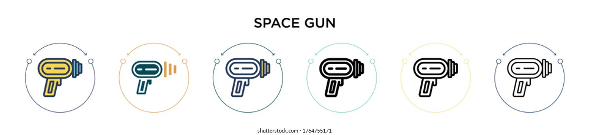 Space gun icon in filled, thin line, outline and stroke style. Vector illustration of two colored and black space gun vector icons designs can be used for mobile, ui, web