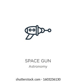 Space gun icon. Thin linear space gun outline icon isolated on white background from astronomy collection. Line vector sign, symbol for web and mobile
