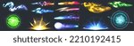 Space guns vfx effect, explosion, laser blasters with plasmic beams and rays. Raygun pistols, futuristic alien weapon. Game comic energy phasers with colorful lightnings, fireballs Cartoon vector set