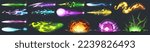 Space guns vfx effect, explosion, laser blasters with plasmic beams and rays. Raygun pistols, kid toys or futuristic alien weapon. Game comic energy phasers with colorful lightnings Cartoon vector set