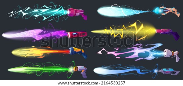 Space guns vfx effect, laser blasters with\
plasmic beams and rays. Raygun pistols, kid toys or futuristic\
alien weapon. Game comic energy phasers with colorful lightnings,\
Cartoon vector\
illustration