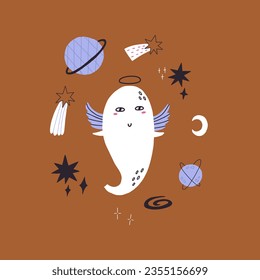 Space Halloween Ghost with star planet. Boo spooky white character spirit holiday. Halloween vector hand drawn illustration