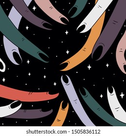 Space hand drawn art of abstract fingers in the rainbow colors. Illustrations Drawing Vector Sketch for textile, print, postcard, text, invitation, poster, t-shirt
