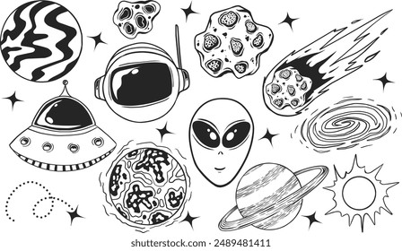 Space hand drawn cartoon doodle vector illustration. Planet, astronaut, meteor, sky, galaxy, alien.