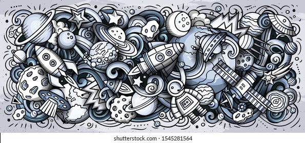 Space hand drawn cartoon doodles illustration. Cosmic funny objects and elements design. Creative art background. Monochrome vector banner