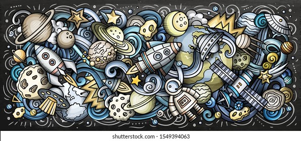 Space hand drawn cartoon doodles illustration. Cosmic funny objects and elements design. Creative art background. Colorful vector banner