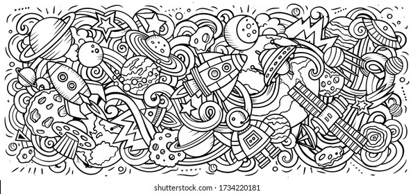 Dibujo a mano espacial de doodles ilustrativos. Diseño de objetos y elementos cósmicos graciosos. Fondo de arte creativo. Banner de vector esquemático