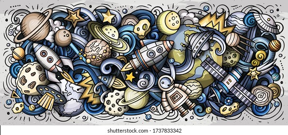 Space hand drawn cartoon doodles illustration. Cosmic funny objects and elements design. Creative art background. Colorful vector banner