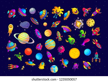 Space hand drawn cartoon vector illustrations set. Doodle  ufo, monsters, planets cliparts. Cute aliens characters. Cosmic collection. Fantastic galaxy color isolated design elements