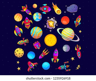 Space hand drawn cartoon vector illustrations set. Doodle asteroid, rockets, planets cliparts. Cosmic collection. Fantastic galaxy color isolated design elements