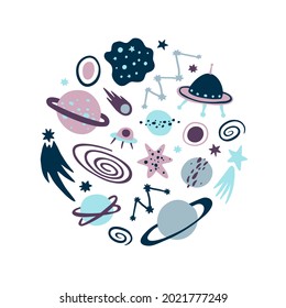 Space hand drawn cartoon vector illustrations set. Doodle cosmic collection asteroid, flying saucer, planets cliparts. Flat kids vector illustration on white background.
