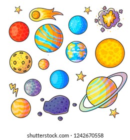 Space hand drawn color illustrations set. Doodle astronomical phenomena. Cartoon moon, comet, asteroid, lightning, explosion, planets. Cosmic collection. Astronomy for kid isolated vector 