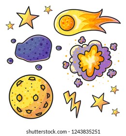 Space hand drawn color illustrations set. Doodle astronomical phenomena. Cartoon moon, comet, asteroid, lightning, explosion, star. Cosmic collection. Astronomy for kid isolated vector design elements
