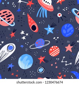 Space hand drawn color vector seamless pattern. Cartoon texture with planets, stars, ufo, comet. Space galaxy scandinavian illustration. Sketch universe. Web, wrapping paper, background doodle fill